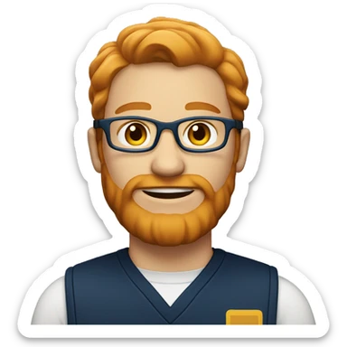 A fast food employee wearing dark blue and eyeglass and having a ginger hair and beard sticker