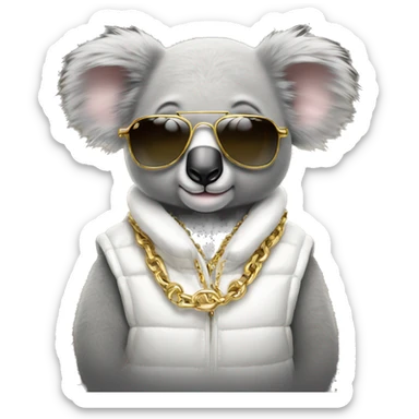 koala wearing a white puffer vest and sun glasses and a gold chain sticker