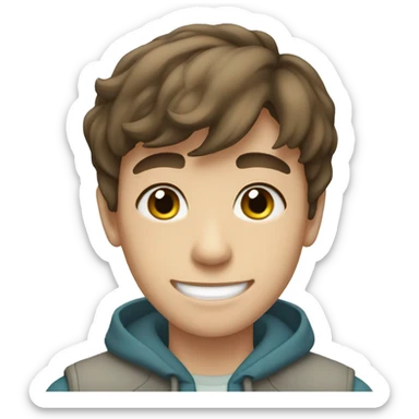 Brown hair teen boy with medium short hair, blue-greenish eyes smiling sticker