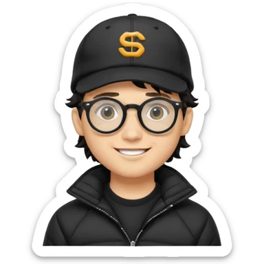 Young man wearing a black puffer jacket, black baseball cap, round black glasses, wavy hair peeking out from under the cap, smiling
 sticker