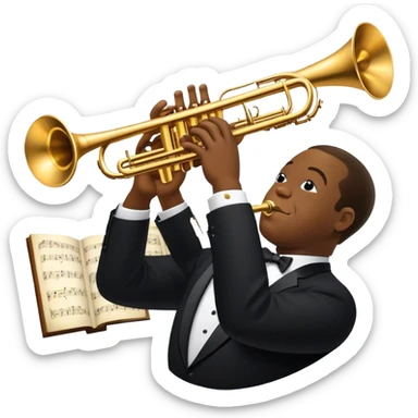 Icon for Jazz Music: collage of Louis Armstrong with his trumpet and Glenn Miller with his orchestra. Silhouettes of musicians, brass instruments, and musical notes. The design should convey the classic, smooth vibe of jazz. Transparent background. sticker