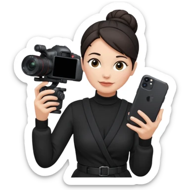 middle aged woman photographer with dark hair in a bun, wearing black clothes, carrying a canon r5 and an iPhone on a gimbal sticker