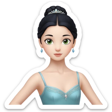 Cinematic Realistic ballerina Medium Blue Portrait, depicted with lifelike skin texture, subtle rosy undertones, and soft natural lighting that enhances the gentle contours of her face. Her intricately detailed sweet black hair is elegantly styled, green eyes sticker