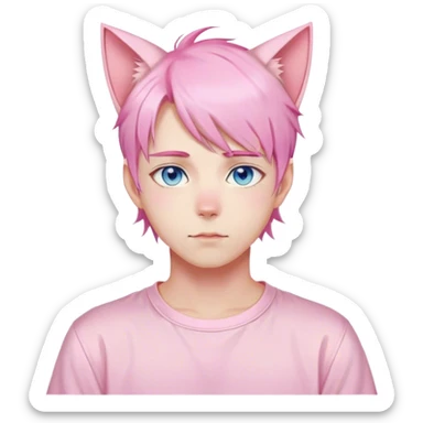 Pastel effeminate young femboy man with pastel pink shiny hair, pink cat ears, pastel yellow blouse, blue eyes, cute, gorgeous, anime, catboy sticker