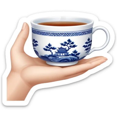 hand holding a traditional Chinese blue and white porcelain tea cup without handle sticker