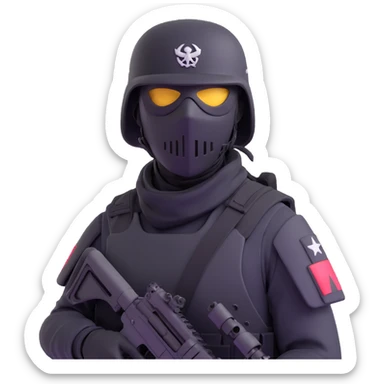 armed figure in all-black military clothing, shiesty mask, helmet, dramatic lighting sticker