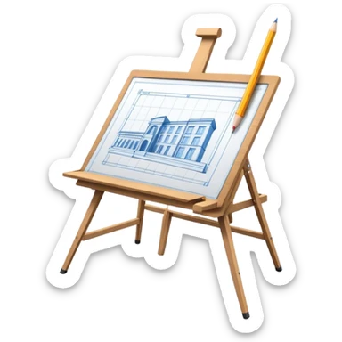Sleek icon for Architecture: engineer's drawing board with blueprints 3D model of the building,  pencil, architect's easel, rulers and protractor. Transparent background. sticker