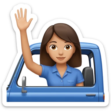 Brunette woman in bed of truck waving  sticker