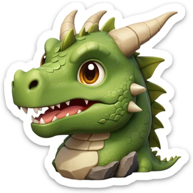 Cinematic Cute Giant Rock Dragon Portrait Emoji, Head tilted playfully and inquisitively, showcasing a robust, stone-carved body with intricately detailed, craggy textures in natural earthen tones accented by soft hints of moss, and a surprisingly gentle, endearing expression; rendered with lifelike clarity and warm, natural light, high shine, mighty yet endearing, styled with a touch of ancient, stony whimsy, soft glowing outline, capturing the essence of a mischievous stone guardian poised to rumble playfully into your embrace! sticker