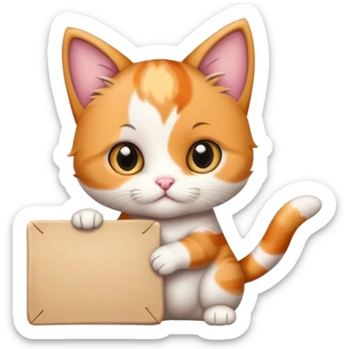 Cute cuddly calico kitten holding a large sign sticker