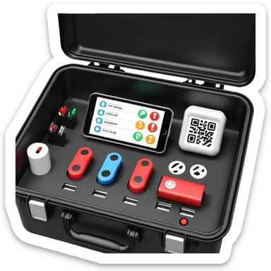 An open, black outdoor test case.Interior: control panel with colored test jacks, USB ports, and a power outlet. A red test probe is located next to it. On the left side of the case is a large roll of white, round test labels displaying QR codes.  sticker