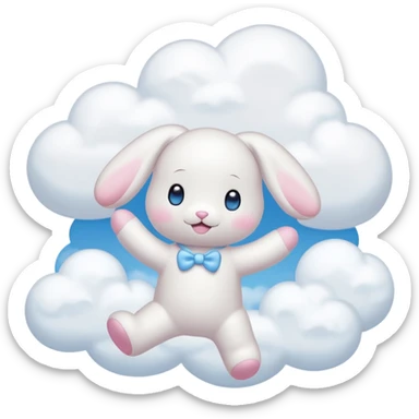 Cinnamon roll from sanrio dancing in the clouds that looks just like him from the cartoon blue eyes pink cheeks white body and filled with cuteness sticker