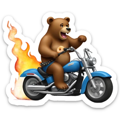 Bear eating a donut while riding on a flaming motorcycle and playing guitar sticker