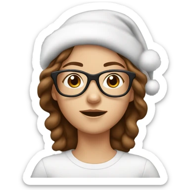 white girl with brown hair wearing clear glasses and a santa hat sticker