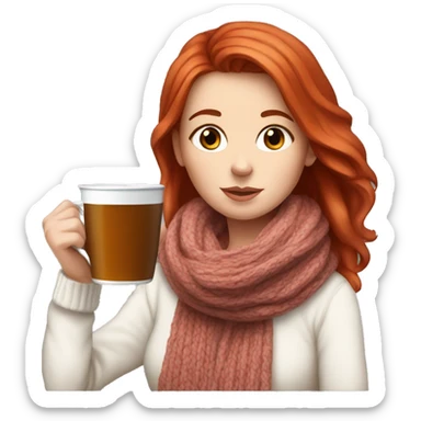 White girl red hair in a white sweater and scarf sipping tea  sticker