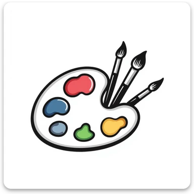 Detailed artist's palette with colorful paint blobs, palette holes, and paintbrushes. Sticker-like appearance with detailed doodle style and transparent background. sticker