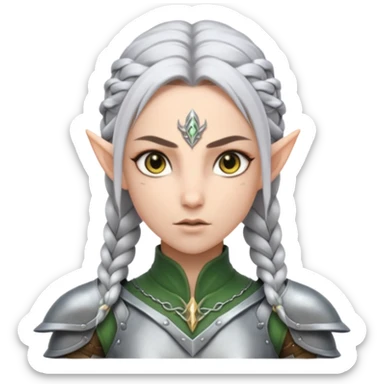 battle elf, tight braid, silver armor, fierce stare sticker