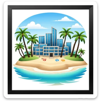 an island with modern buildings and beaches with palm trees  sticker