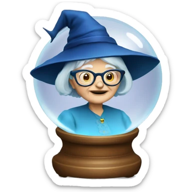 smart granny witch with glasses and blue hat in crystal ball sticker
