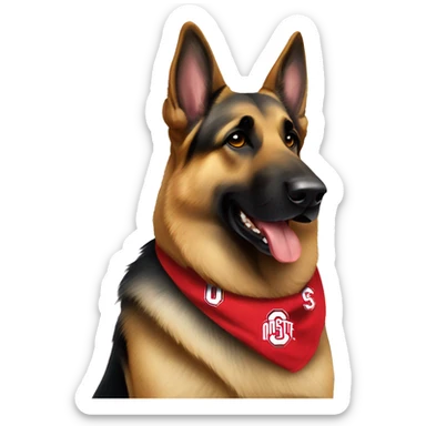 German Shepherd wearing an Ohio state bandana sticker