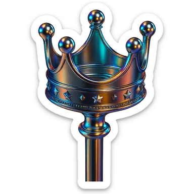 Add colorful highlights to the chrome crown and staff, while preserving the shiny metallic chrome effect and chrome style as the base. sticker