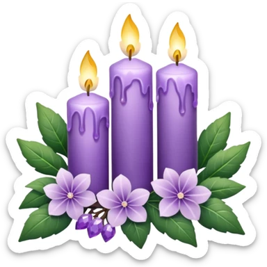 Aesthetic scenic romantic lavender lilac pastels beautiful gorgeous holy divine spiritual pretty elegant sparkly shiny scene of Candles, flowers, plants leaves, amethyst crystals, scenic aesthetic scenery sticker
