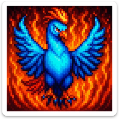 Add a fiery background with flames to the cool phoenix, keep the pixel art style with pixelated details and limited color palette. sticker