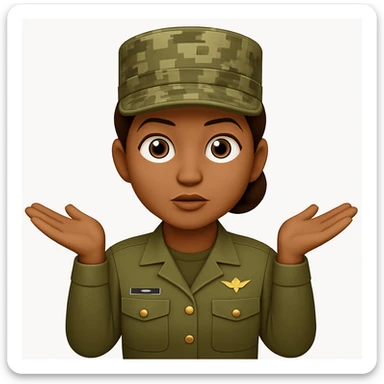 Make the girl's hairstyle a bun and add an army KFF (military cap) while keeping her brown skin, brown hair, and army attire. Keep the shrugging pose and emoji style. sticker