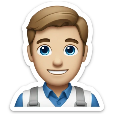 Male with brown hair and blue eyes worker with white shirt and blue apron with khakis and hat holding a sandwhich sticker