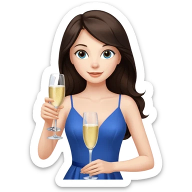 Sexy brunette woman long dark brown hair, hazel eyes, pale skin toasting with champagne in sexy blue dress sticker