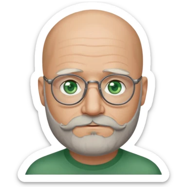 50 years old, green eyes, 2 days salt and pepper beard, bald, glasses sticker