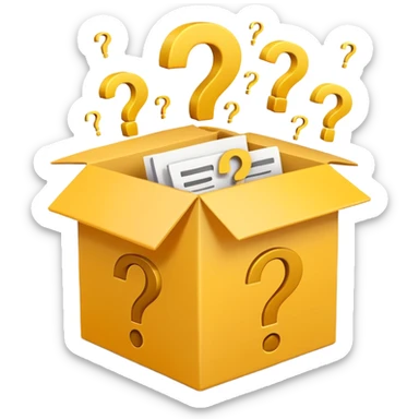  box printed with q&a over stuffed with yellow question marks sticker