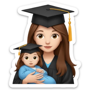 "Woman with long brown hair and fair skin wearing a graduation cap, holding a baby who has a hat and fair skin." sticker