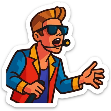 Justin Bieber performing, with sunglasses and a flashy outfit sticker