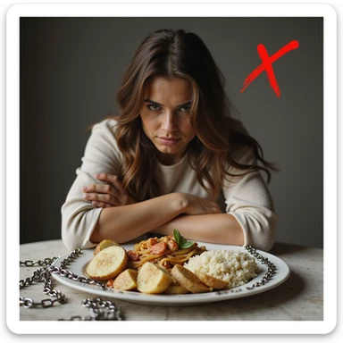 realistic style woman with crossed arms and defensive expression, face turned away from a plate containing bread, pasta, rice, and potatoes, symbols of refusal including a red Italian X and chains around the plate, Italian text if present, atmosphere of rejection sticker