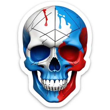 premium black skull with geometric brand patterns, striking electric blue and red paint splashes only within skull contours, perfect detailed fine art quality, three-quarter view sticker
