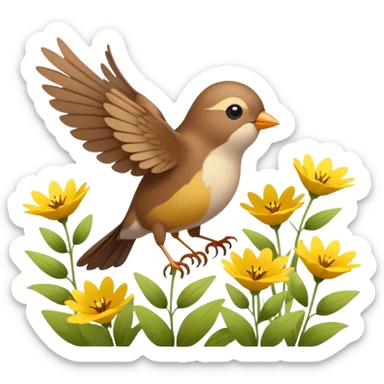 A tiny songbird fluttering its wings above wildflowers. sticker