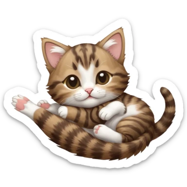 dark brown tabby and white kitten with his eyes closed whilst in funny positions stretched out and  upside down sticker