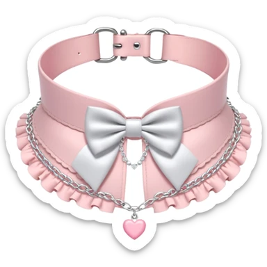 Pastel-baby-rose-pink Lolita-styled aesthetic cute kawaii choker-collar-necklace adorned with with white frills, roses, hearts, bow tie, silver chains,  sticker