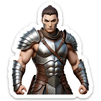 Cinematic Realistic WoW Human Warrior Portrait, captured in a dynamic, battle-ready stance, muscles defined beneath intricately detailed steel armor accented with rich leather. His chiseled visage and determined gaze are rendered with lifelike texture and dynamic natural lighting, high shine, evoking the fierce, relentless spirit of a human warrior in the midst of combat. sticker