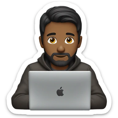 a dark faded haired guy with short bread behind a laptop sticker