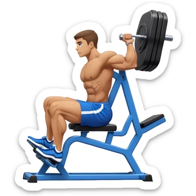 side-view bodybuilder in blue shorts seated weighted calf-raise machine on his tip toes sticker