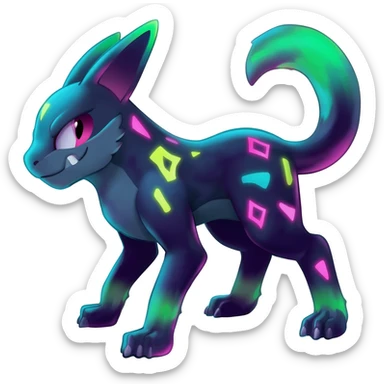 Rare realistic dark-neon glowing bioluminescent edgy badass epic pretty beautiful handsome gorgeous aesthetic colorful vibrant Vernid-Trico-species-Fakemon-creature by LiLaiRa, 4 legs, 1 tail, random markings, (full body) sticker