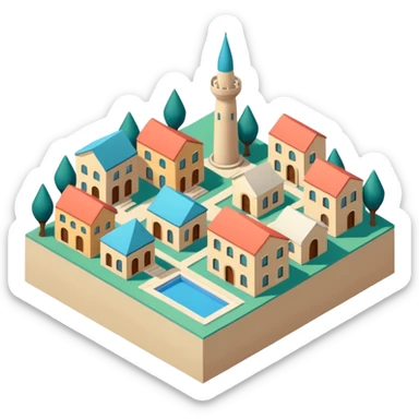 little city and many, small, ordinary, simple, home, Iranian-style, 1980, isometric sticker