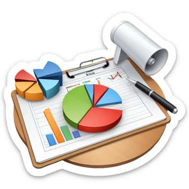 An icon featuring a pie chart, a megaphone, and a clipboard with strategy plans, symbolizing management and marketing. The design includes upward-trending graphs set against a modern office backdrop. Transparent background emphasizes business strategy and communication. sticker
