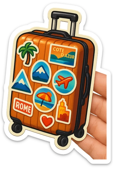 ribbed suitcase with wheels and handle, decorated with various colorful travel stickers, shown semi-sideways or in a hand, retro sticker style with color, clear thick contours, sharp graphic shadows and highlights, no gradient blending sticker