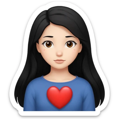 character with long black hair past elbow,  round, downturned dark brown eyes, heart shape face sticker