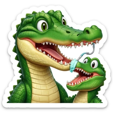 an alligator opening its mouth with a dentist sticker