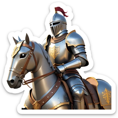 clash-of-clans-aesthetic_-cinematic-fearsome-and-majestic-knight-bust-portrait-emoji, rendered in a flat, vector-style with minimal shading and bold, simplified shapes, depicting a battle-ready medieval knight with steely eyes and intricate armor, mounted on a heavily armored warhorse with gleaming plated barding reflecting sunlight over a misty battlefield. sticker