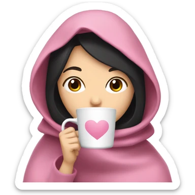 Pale White girl with black hair and dark brown eyes pink blanket over her head and shoulders drinking coffee sticker